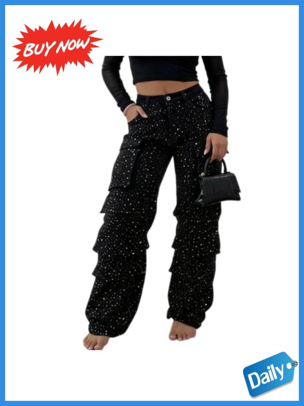 Rhinestone Cargo Jeans High Rise Bedazzled Sparkle Concert Outfit